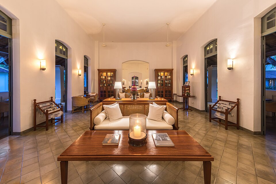 Reception lounge at Amantaka luxury Resort & Hotel at blue hour in Luang Prabang Laos.jpg